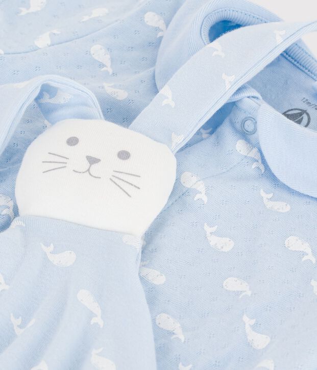 Ensemble cadeau b&eacute;b&eacute; combinaison et doudou imprim&eacute;s baleines bleu/blanc