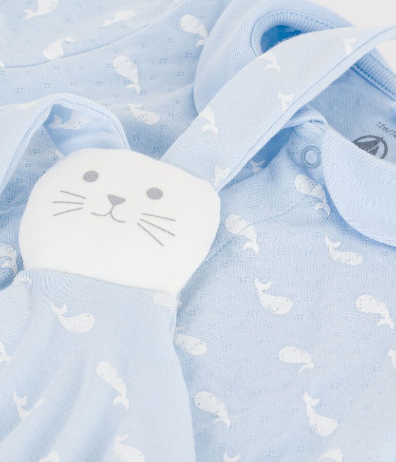 Ensemble cadeau b&eacute;b&eacute; combinaison et doudou imprim&eacute;s baleines bleu/blanc