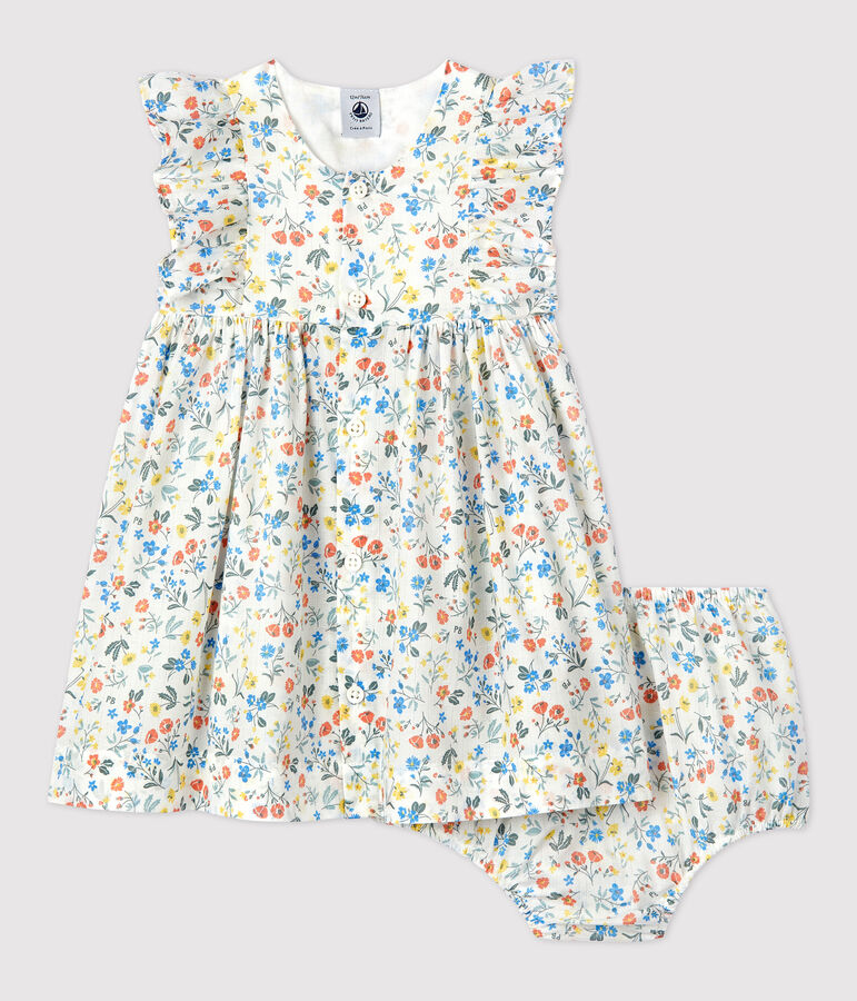 Robe et bloomer imprim&eacute;s fleuri en popeline b&eacute;b&eacute; blanc MARSHMALLOW/blanc MULTICO
