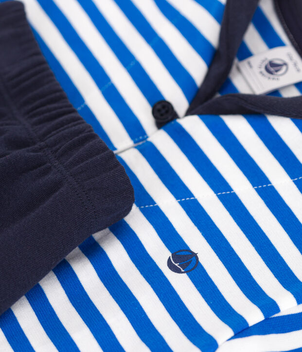 Ensemble b&eacute;b&eacute; deux pi&egrave;ces en coton, t-shirt col vareuse bleu/bleu