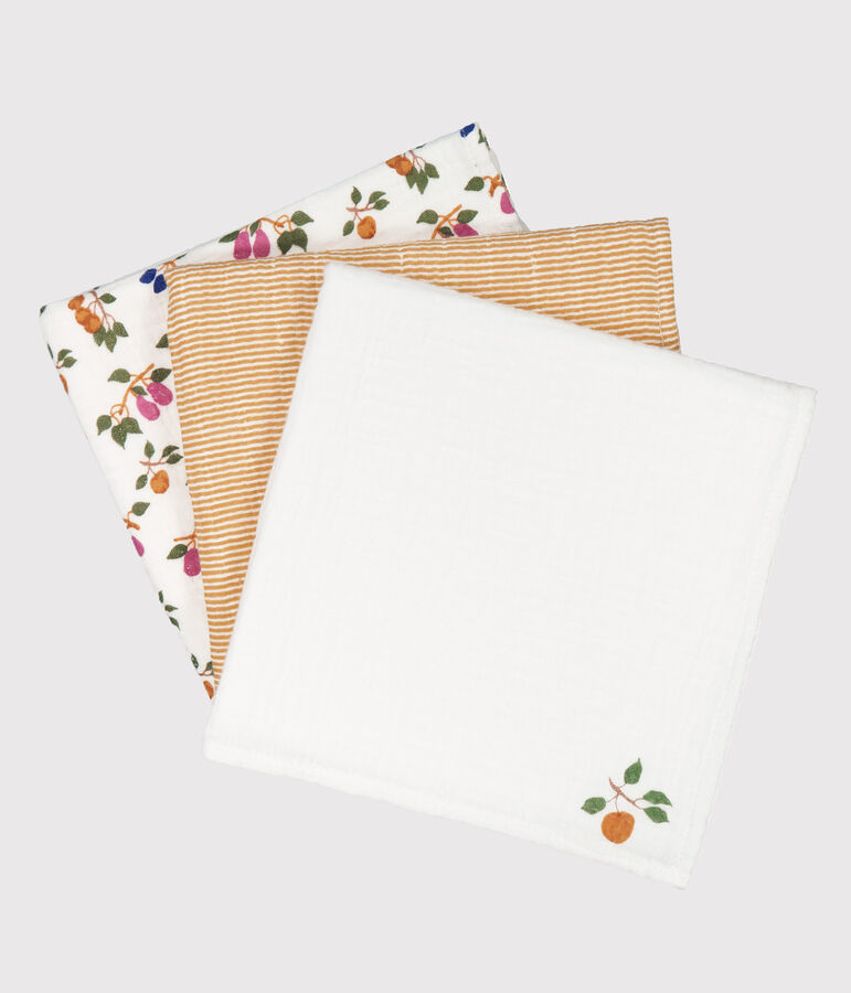 Lot de 3 langes b&eacute;b&eacute; imprim&eacute;s fruits et milleraies blanc/jaune/multicouleur
