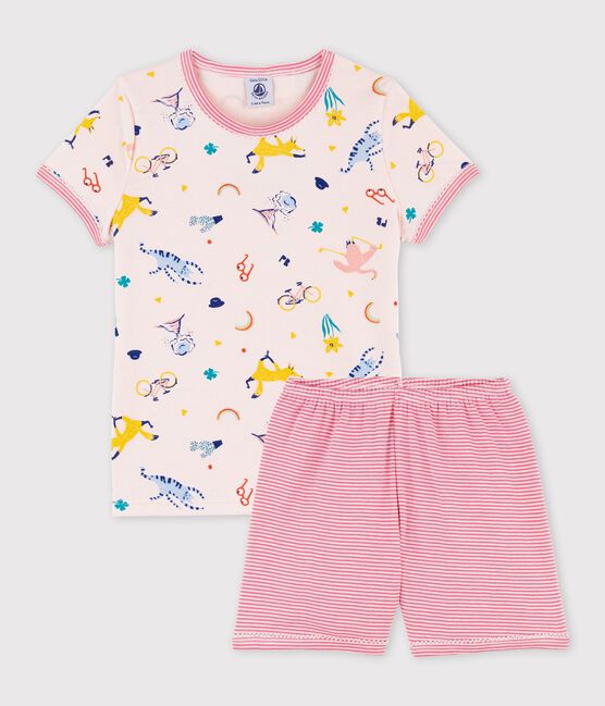 Pyjacourt imprimé animaux yoga petite fille en coton rose FLEUR/blanc MULTICO