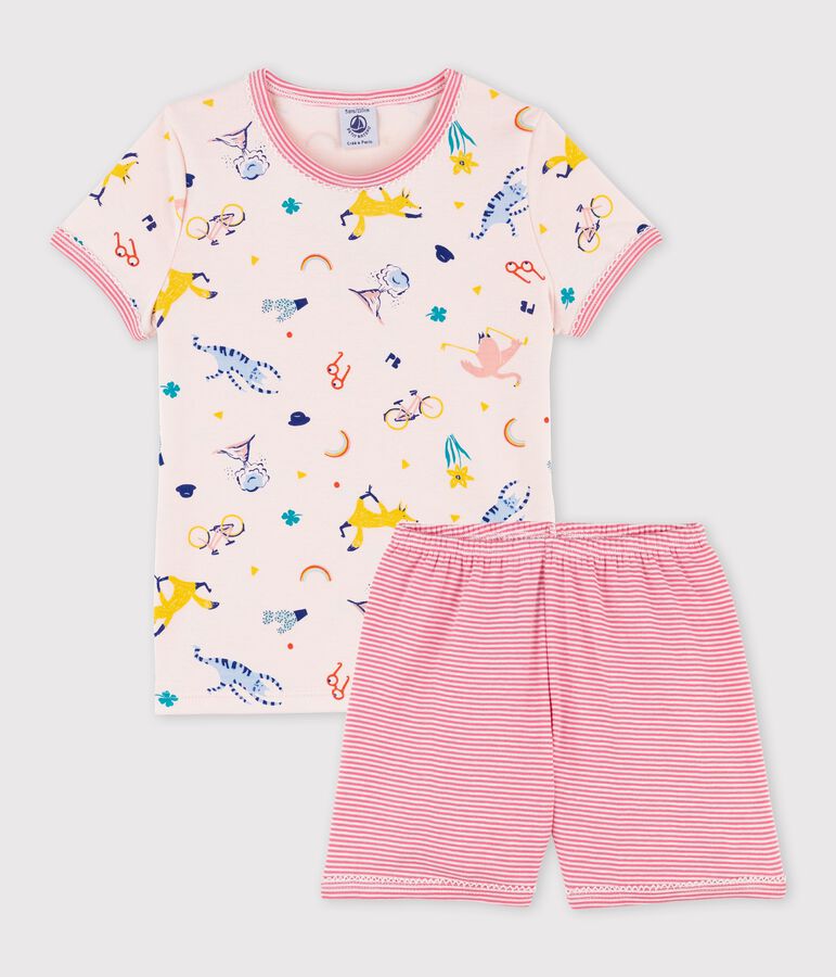 Pyjacourt imprim&eacute; animaux yoga petite fille en coton rose FLEUR/blanc MULTICO