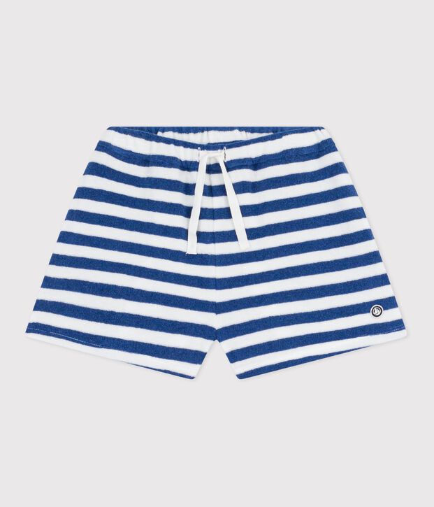 Short enfant en coton &agrave; rayures bleu/blanc