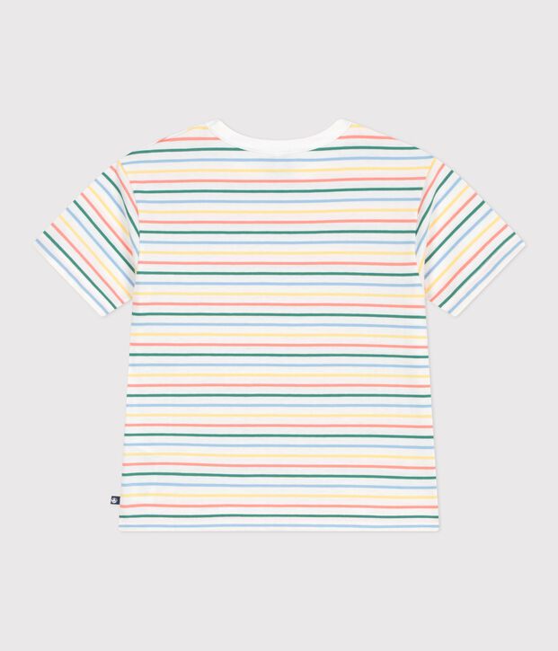 Tee-shirt enfant manches courtes en coton &agrave; rayures blanc/multicouleur