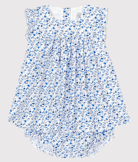 Robe avec bloomer fleurs bleues bébé fille en popeline blanc MARSHMALLOW/blanc MULTICO