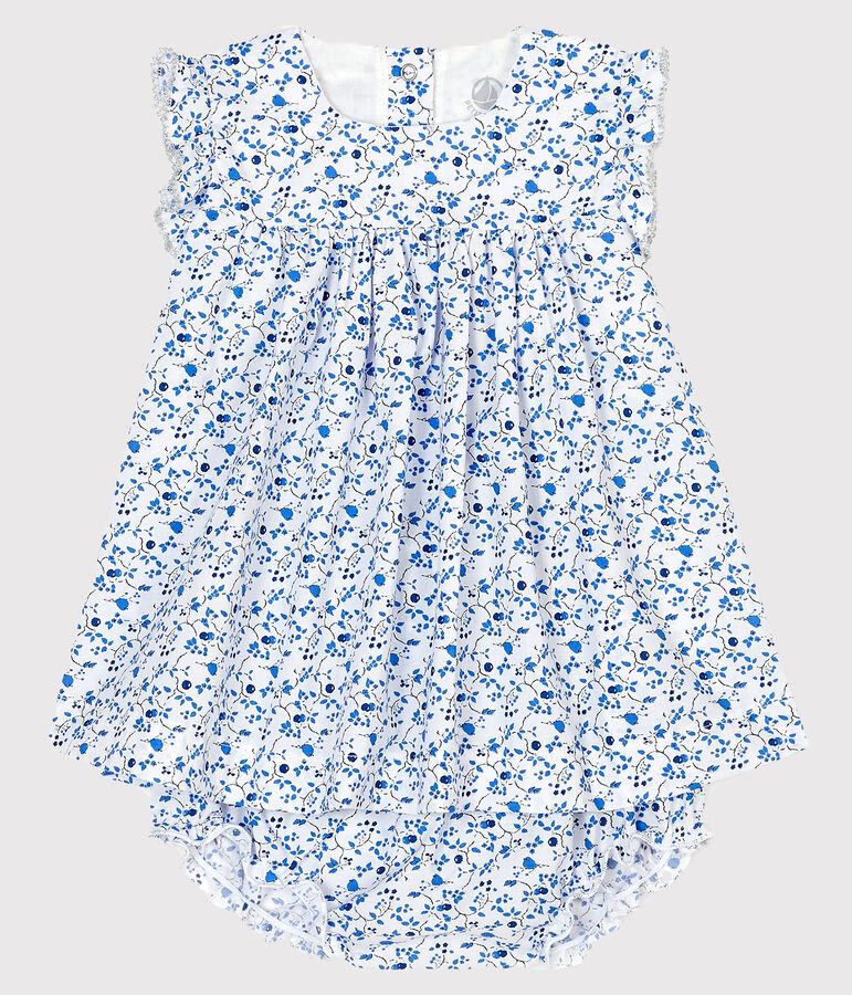 Robe avec bloomer fleurs bleues b&eacute;b&eacute; fille en popeline blanc MARSHMALLOW/blanc MULTICO