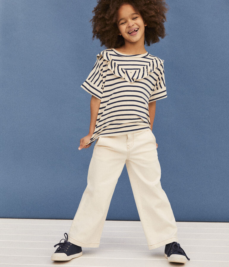 Tee-shirt manches courtes en coton enfant fille &eacute;cru/bleu