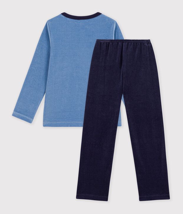 Pyjama enfant en velours uni &agrave; motif bleu/bleu