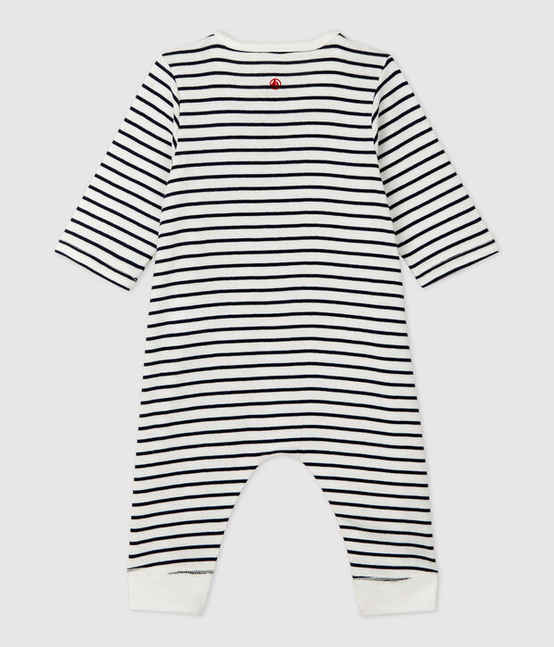 Combinaison longue ray&eacute;e marini&egrave;re en coton bio b&eacute;b&eacute; blanc/bleu