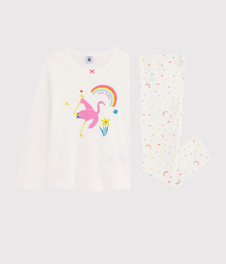 Pyjama flamand rose petite fille en c&ocirc;te blanc MARSHMALLOW/blanc MULTICO