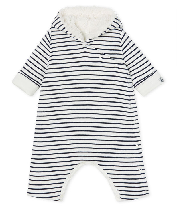 Combinaison longue b&eacute;b&eacute; en c&ocirc;te ouatin&eacute;e blanc/bleu