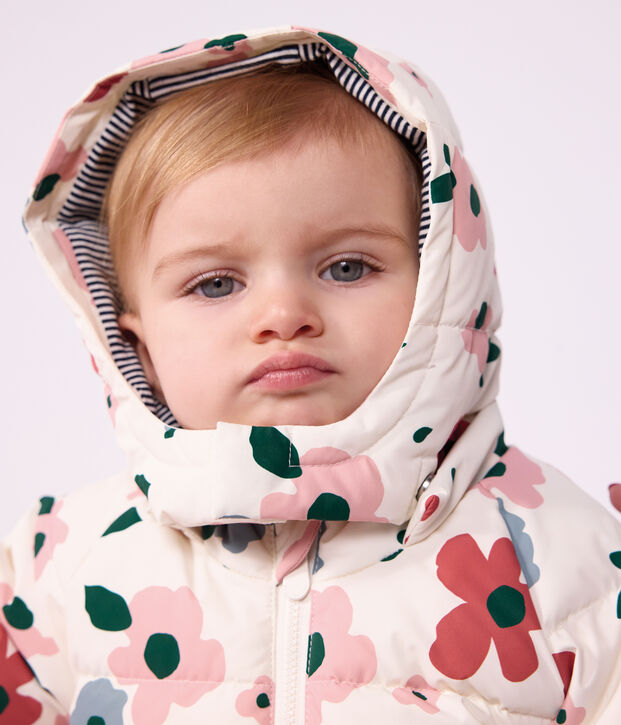 Doudoune b&eacute;b&eacute; en polyester imprim&eacute; animalier &eacute;cru/rose