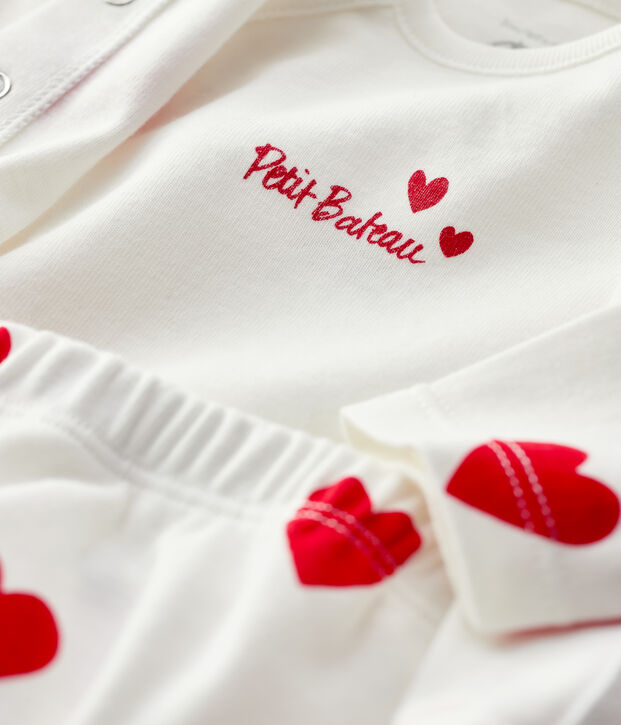 Ensemble 3 pi&egrave;ces c&oelig;urs rouges b&eacute;b&eacute; en coton biologique blanc/rouge