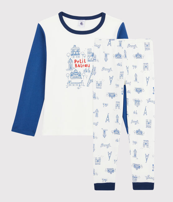 Pyjama motif Paris petit garçon en côte blanc MARSHMALLOW/bleu BLEU/ MULTICO