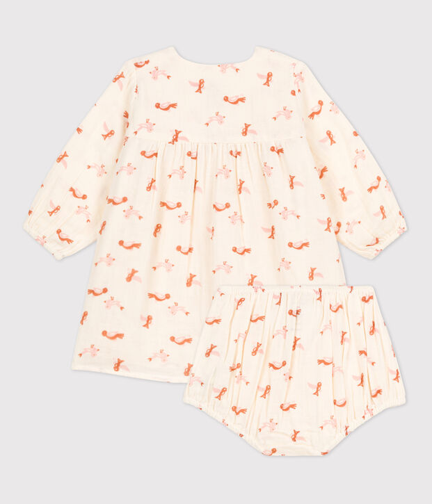 Robe et bloomer b&eacute;b&eacute; imprim&eacute;s oiseaux en gaze de coton &eacute;cru/multicouleur
