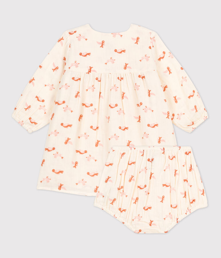 Robe et bloomer b&eacute;b&eacute; imprim&eacute;s oiseaux en gaze de coton blanc AVALANCHE/ MULTICO