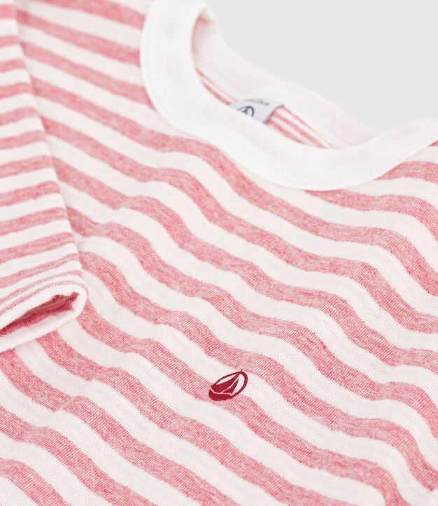 Tee-shirt enfant manches longues &agrave; rayures rose/&eacute;cru