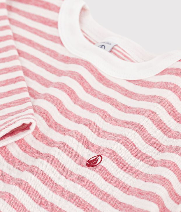 Tee-shirt enfant manches longues &agrave; rayures rose/&eacute;cru