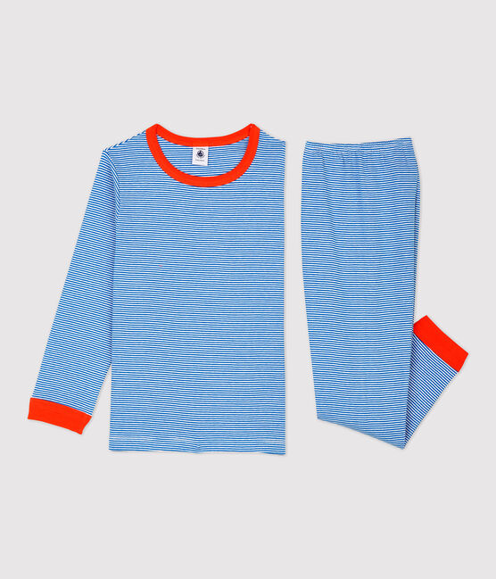 Pyjama à rayures milleraies petit garçon en coton bleu RUISSEAU/blanc MARSHMALLOW
