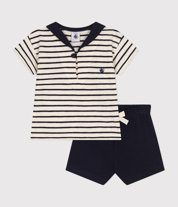 Ensemble tee-shirt et short en jersey b&eacute;b&eacute; &eacute;cru/bleu