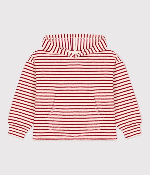Sweatshirt ray&eacute; &agrave; capuche enfant fille / gar&ccedil;on &eacute;cru/rouge