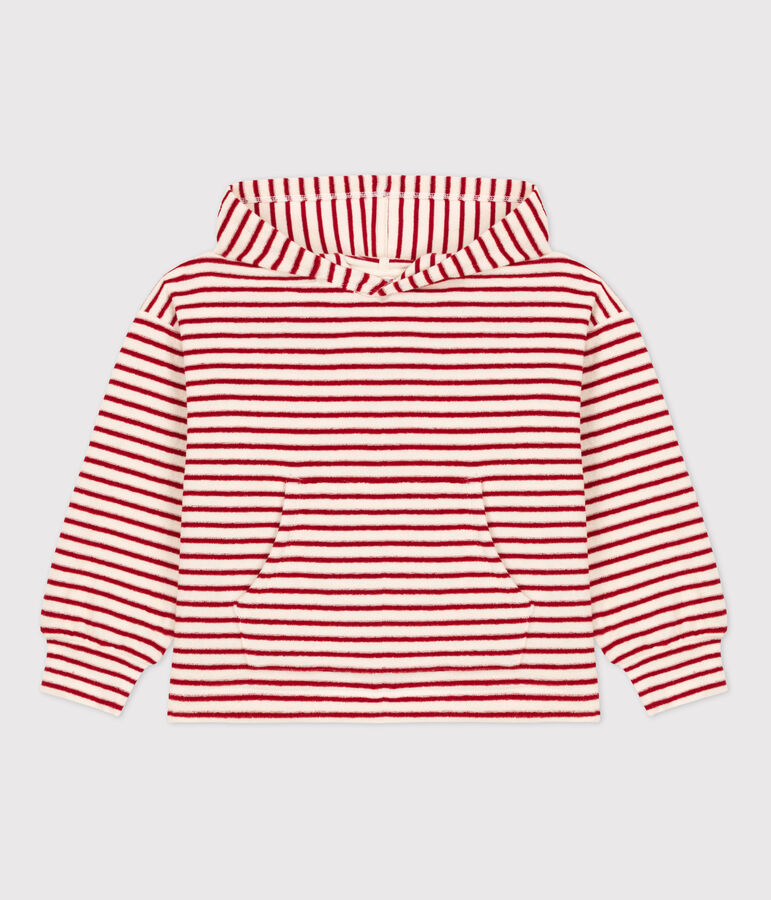 Sweatshirt ray&eacute; &agrave; capuche enfant fille / gar&ccedil;on &eacute;cru/rouge