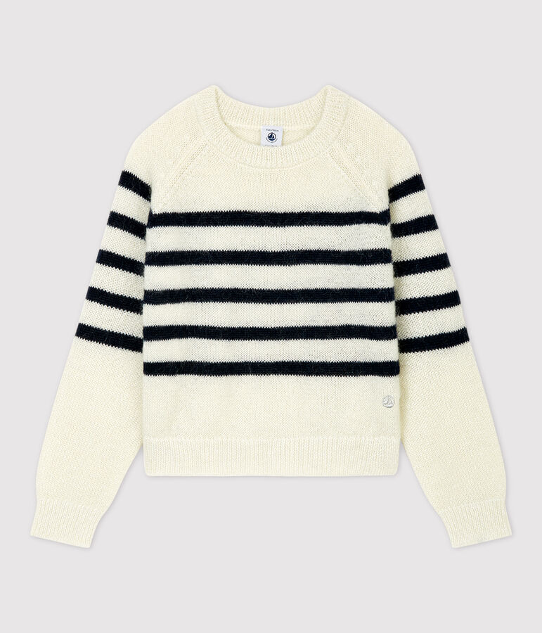 Pull mohair et coton enfant fille blanc MARSHMALLOW/bleu SMOKING