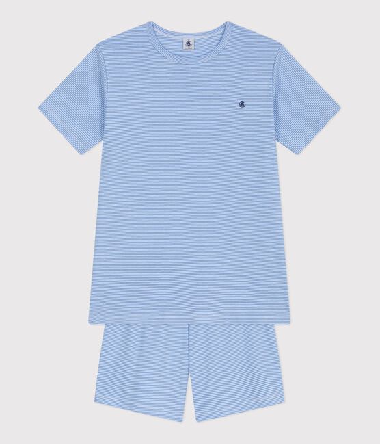 Pyjama short enfant en coton à rayures bleu EDNA/blanc MARSHMALLOW