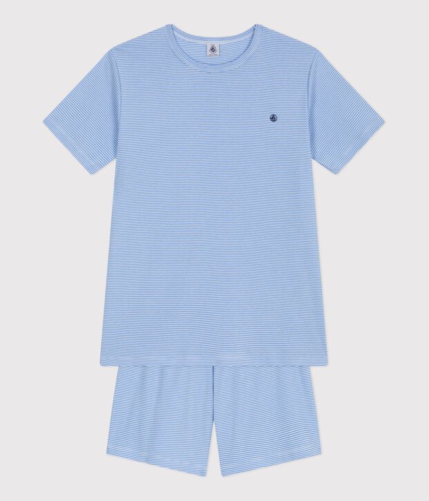 Pyjama short enfant en coton &agrave; rayures bleu/blanc