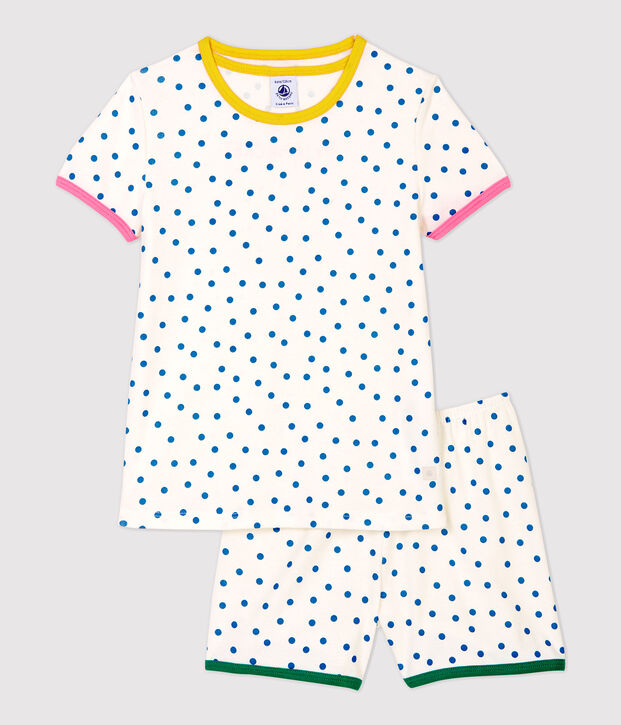 Pyjacourt &agrave; pois bleus petite fille en coton blanc/bleu