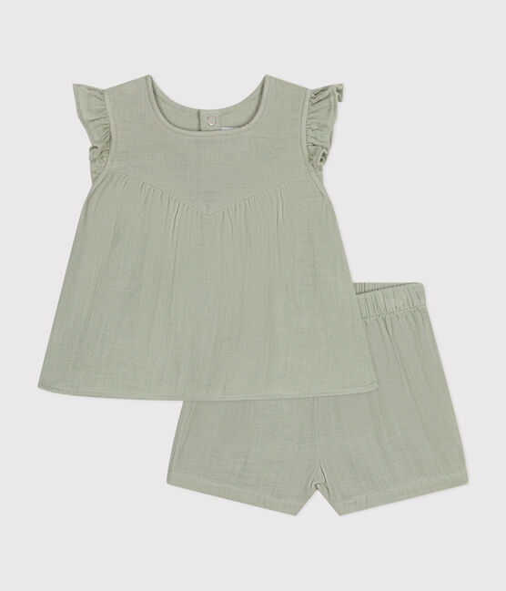 Ensemble blouse et short en gaze de coton bébé vert HERBIER