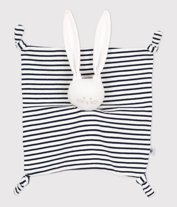 Doudou lapin marini&egrave;re b&eacute;b&eacute; en coton biologique blanc/bleu
