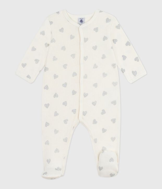 Pyjama b&eacute;b&eacute; en coton imprim&eacute; c&oelig;urs paillettes argent&eacute;s &eacute;cru/gris