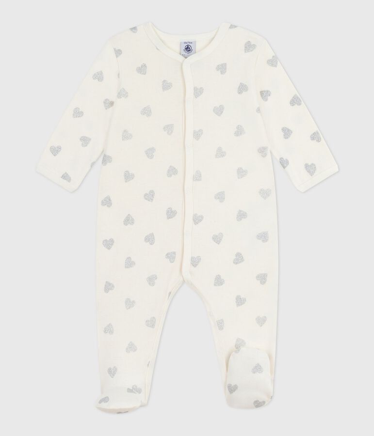 Pyjama b&eacute;b&eacute; en coton imprim&eacute; c&oelig;urs paillettes argent&eacute;s &eacute;cru MILK/ ARGENT