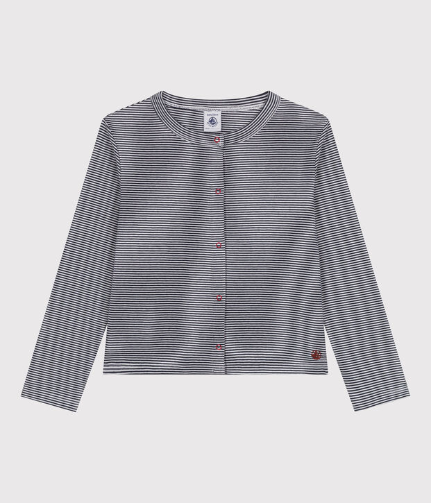 Cardigan enfant en coton &agrave; rayures bleu/blanc
