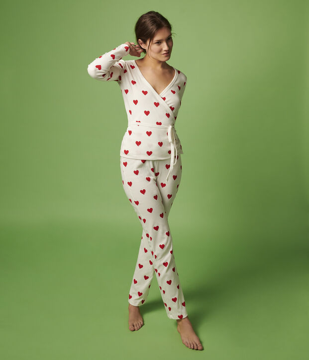 Cardigan cache-c&oelig;ur en coton &agrave; coeurs Femme blanc/rouge