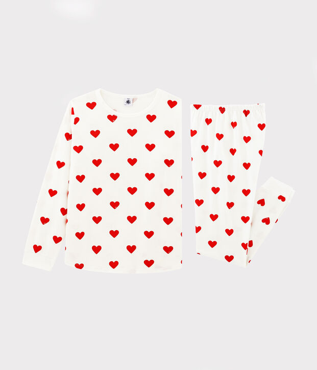 Pyjama enfant imprim&eacute; c&oelig;urs en molleton blanc/rouge