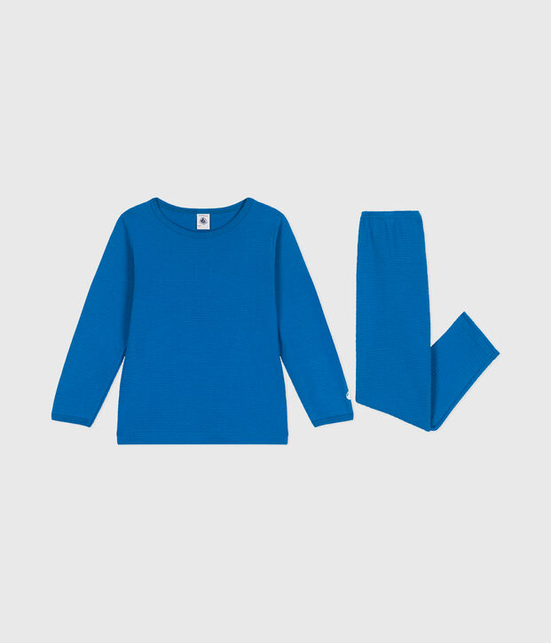 Pyjama  en c&ocirc;te d&eacute;saiguill&eacute;e  manches longues uni bleu