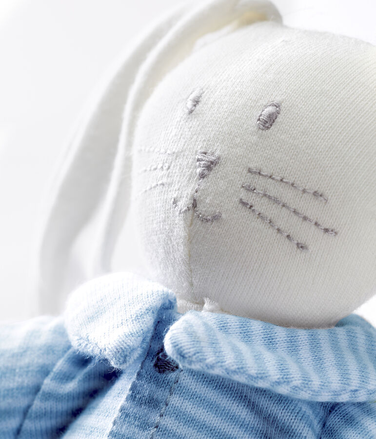 Doudou lapin habill&eacute; bleu FRAICHEUR/blanc MARSHMALLOW