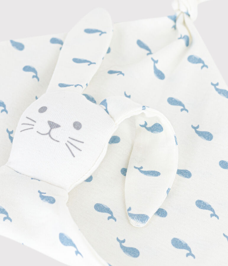 Doudou b&eacute;b&eacute; en coton imprim&eacute; baleine blanc/bleu