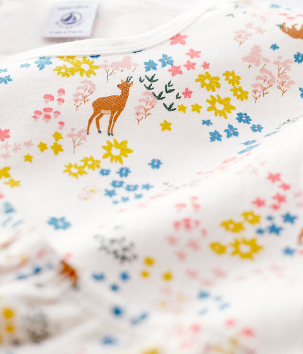 Pyjama imprim&eacute; fleuri petite fille en molleton blanc/multicouleur