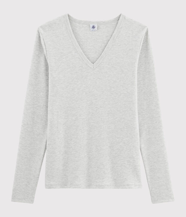 T-shirt col V iconique en coton Femme gris chin&eacute; clair