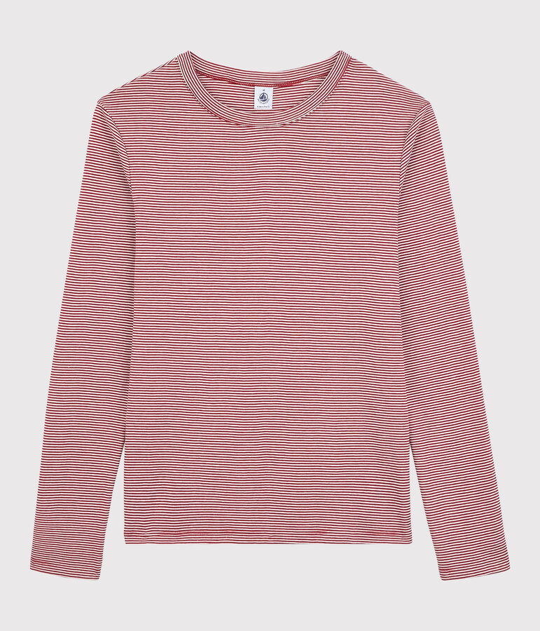 T-shirt col rond iconique en coton ray&eacute; Femme rouge SANGRIA/ MARSHMALLOW