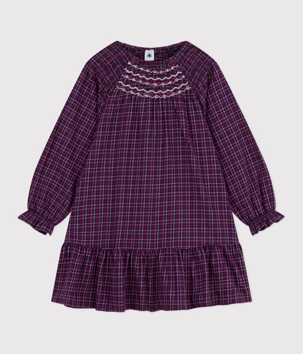 Robe enfant manches longues en flanelle &agrave; carreaux bleu/multicouleur