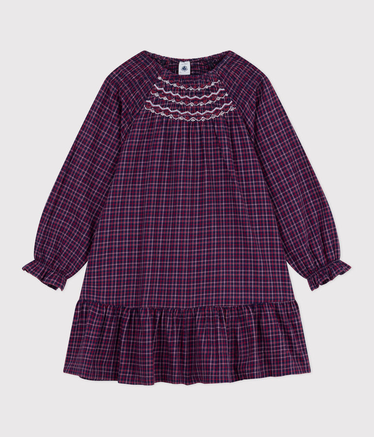 Robe enfant manches longues en flanelle &agrave; carreaux bleu/multicouleur