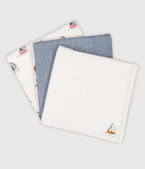 Lot de 3 langes bébé imprimés bateaux et milleraie blanc MARSHMALLOW/bleu MEDIEVAL/ MULTICO