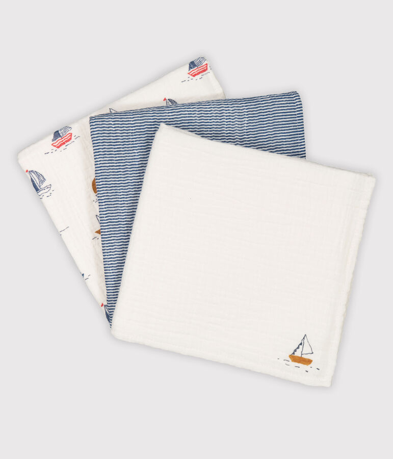 Lot de 3 langes b&eacute;b&eacute; imprim&eacute;s bateaux et milleraie blanc/bleu/multicouleur