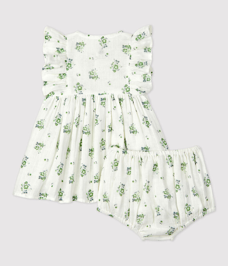Robe avec bloomer imprim&eacute; fleuri en gaze de coton bio b&eacute;b&eacute; blanc MARSHMALLOW/blanc MULTICO