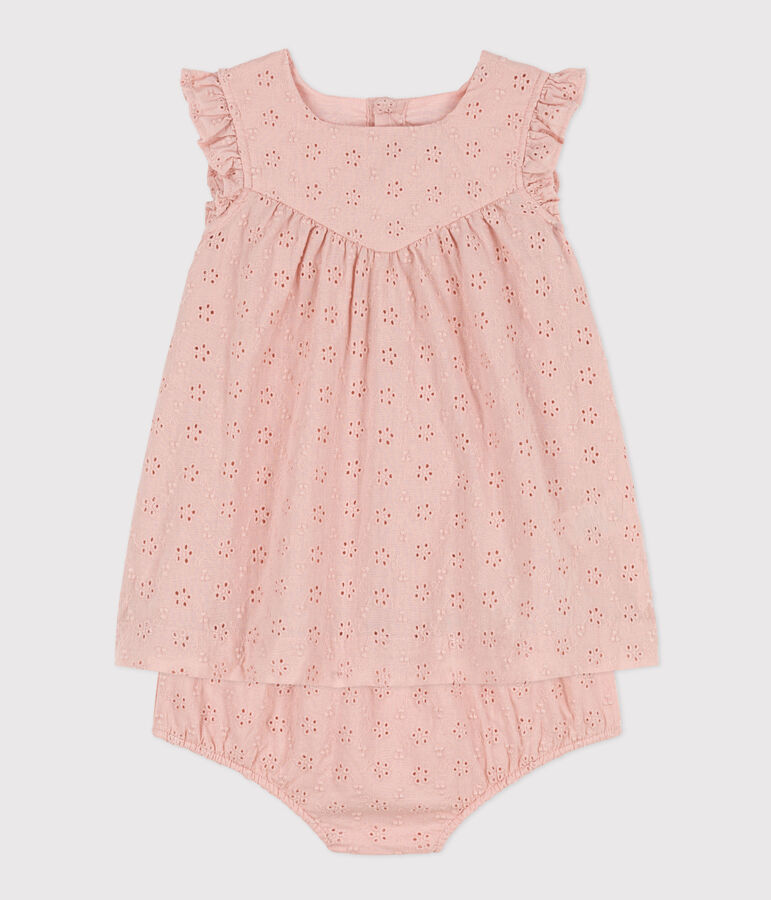 Robe b&eacute;b&eacute; avec bloomer en broderie anglaise rose SALINE